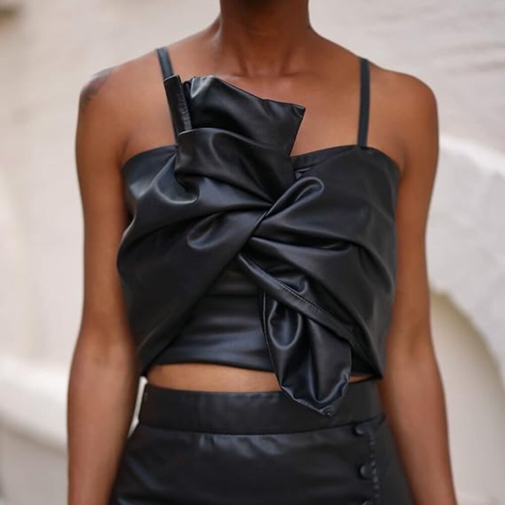 The Drop Women's Black Faux Leather Bow Front Top M